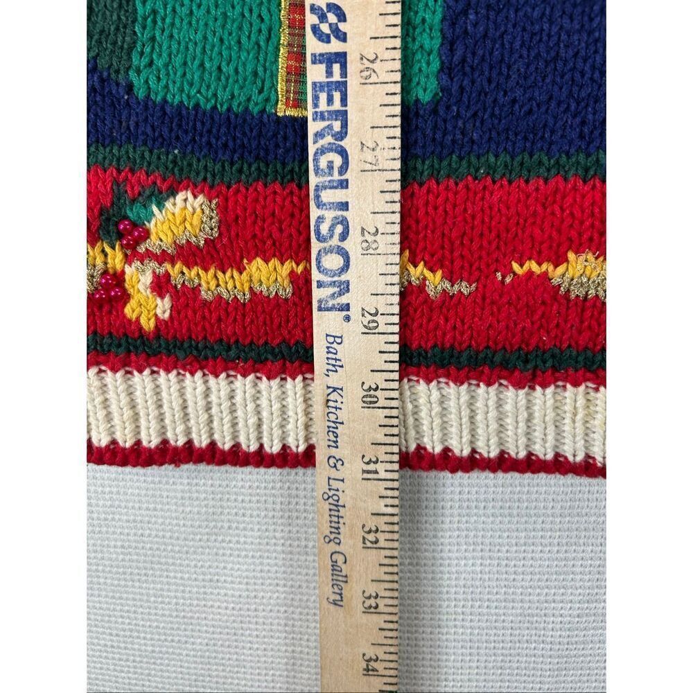Vtg Casual Corner Christmas Sweater M Hand Knit Bear Tree Beaded Cottage Holiday - Picture 13 of 16